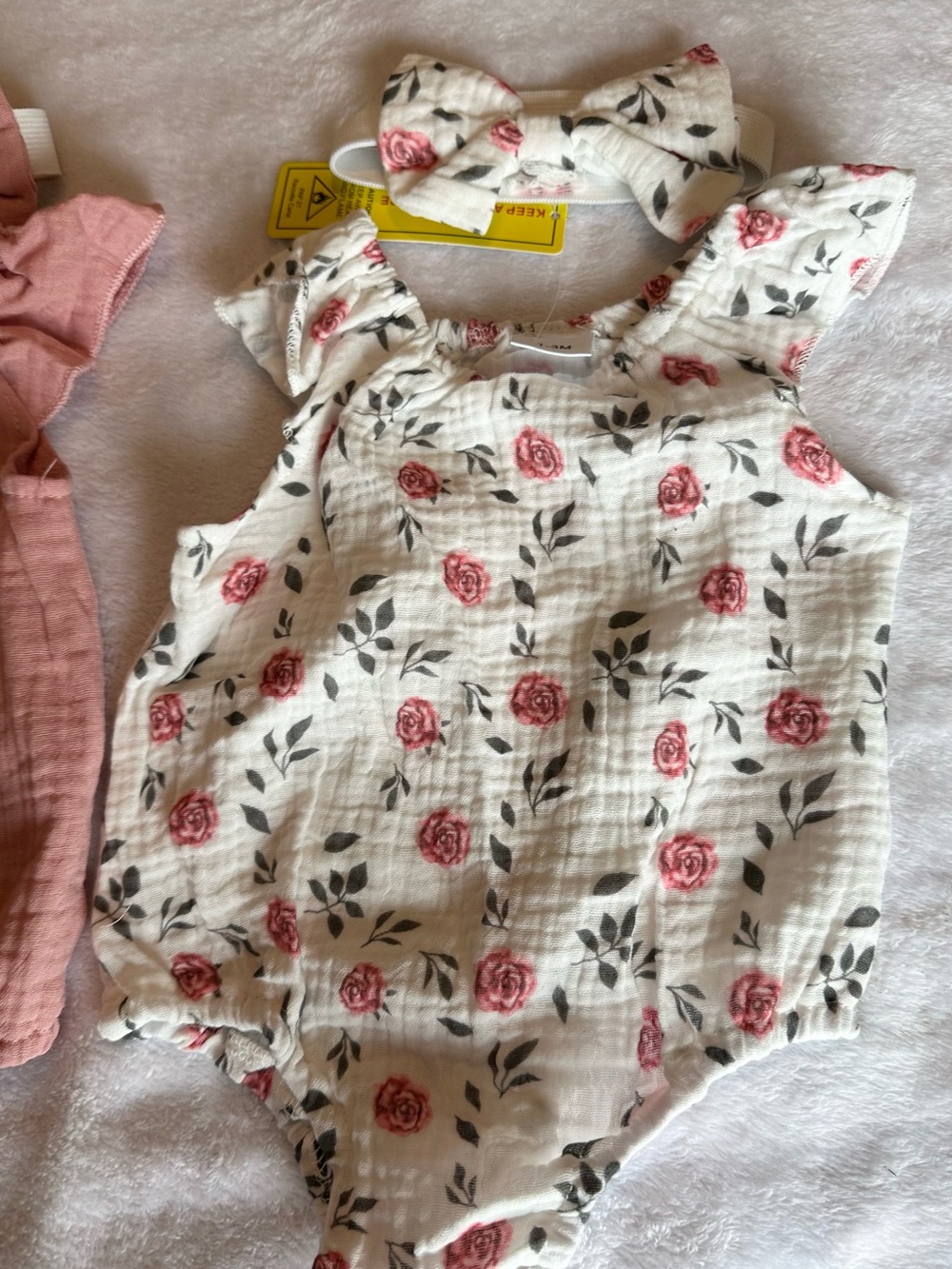 Floral Muslin Baby One-Piece Bodysuit with Matching Bow - White & Pink